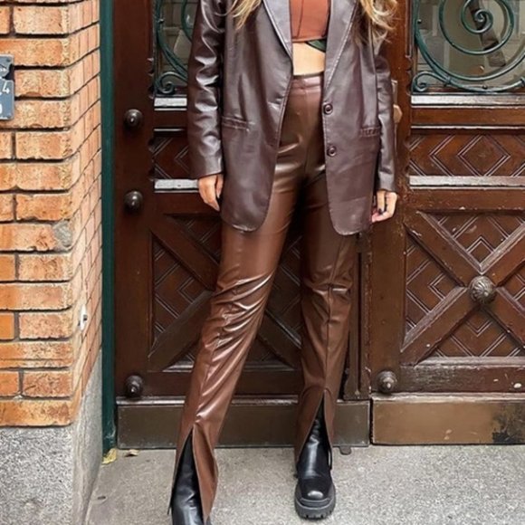 MODA ME COUTURE Pants - Brown High Waist Slit Hem PU Leather Pants